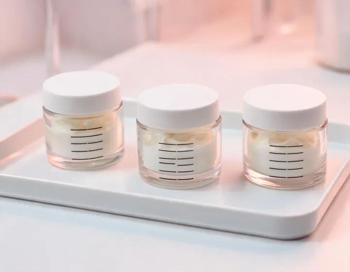 Face and neck cream jars on a lab tray, illustration only
